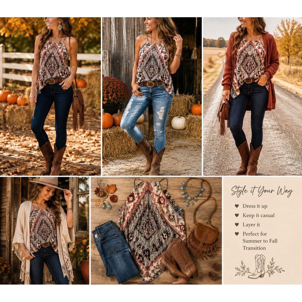Heartsoul XL Western Boho Halter Tank Handkerchief Hem Southwestern Aztec Top